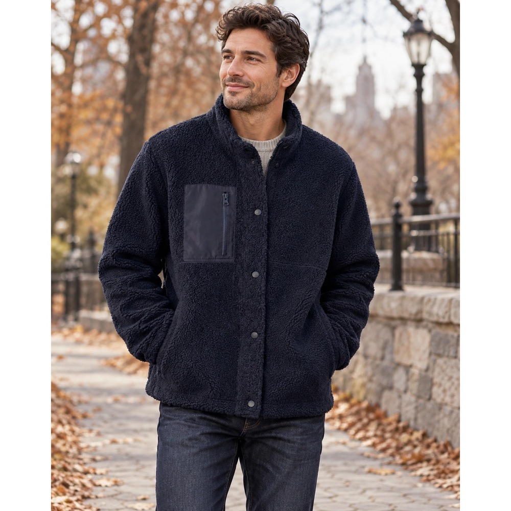 Berkley Jensen Men's Sherpa Fleece Jacket XXL Navy Snap Front Cozy Outdoor